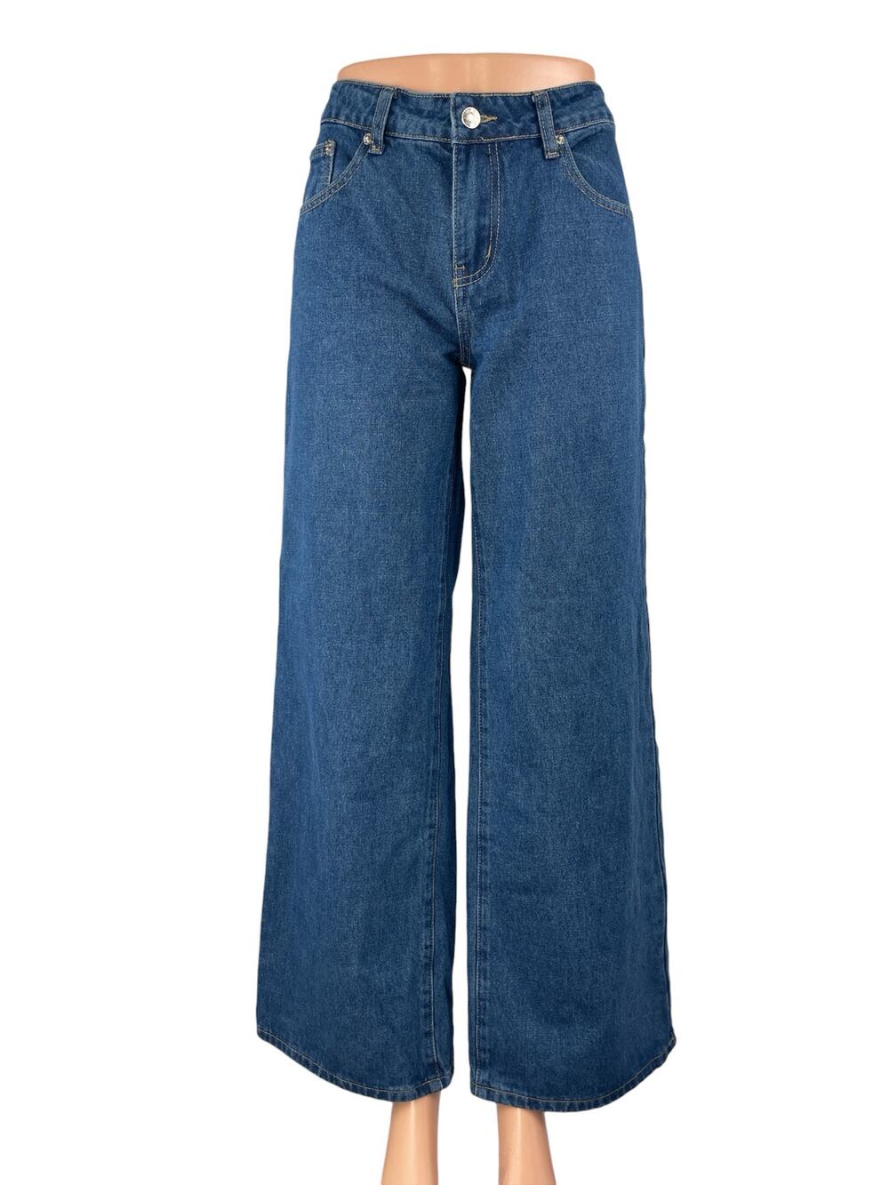 NEW Edikted Blue High Rise Medium Wash Baggy Wide Leg Denim Jeans Pants Size M